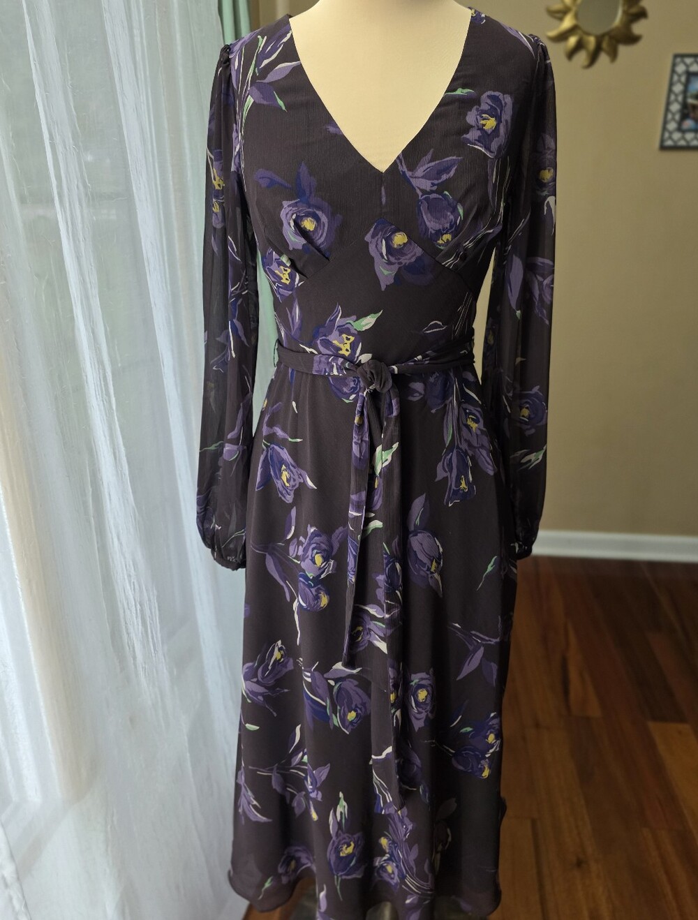 Ralph Lauren Brown Purple Floral Long Sleeve Belted Midi Dress Size 0 Romantic